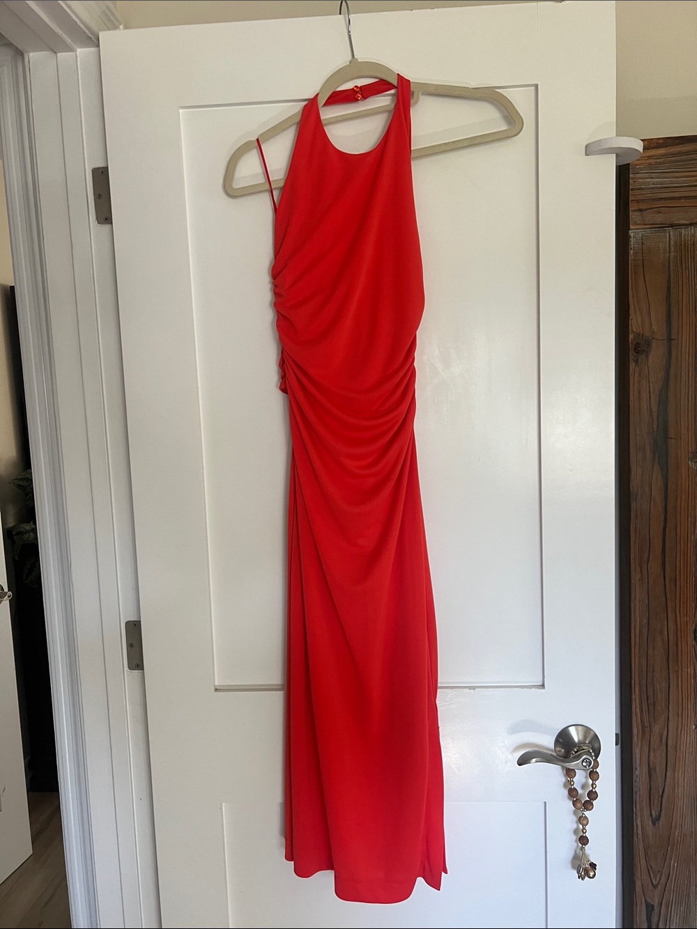 Red/Orange Ruched Halter Evening Dress